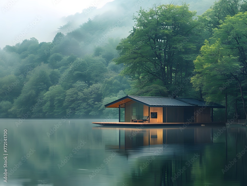 Serenity abounds as a sleek modern residence overlooks the calm expanse of a lake, embraced by the ethereal mist drifting through the surrounding lush forest.