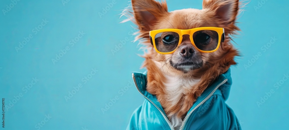 Fototapeta premium dog with glasses on a blue background. fashionable dog. close-up. generative ai