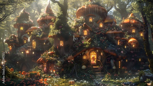 A captivating mushroom village nestles in a lush forest, radiating enchantment with twinkling lights and flowers. photo