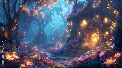 An inviting magical cottage enveloped by an enchanted forest with blooming flowers and mystical lights.