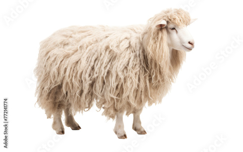 A majestic sheep with long, luxurious hair poses elegantly on a bright white background