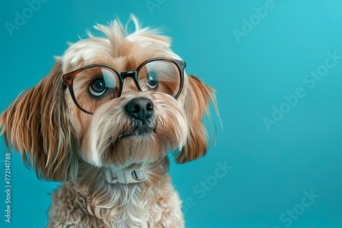 dog with glasses on a blue background. fashionable dog. close-up. generative ai © Alexander Odessa 