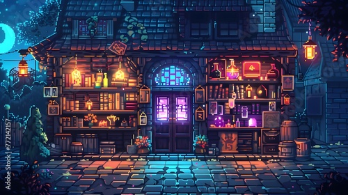 Transport yourself to a whimsical world with a charming pixel art portrayal of a fantasy village under the enchanting glow of northern lights. #772142157