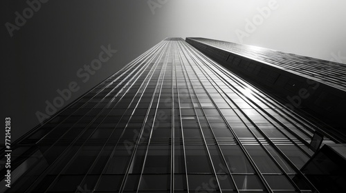 A vertical photo of a skyscraper, emphasizing its towering height and urban grandeur. Concept of vertical format enhancing architectural photography