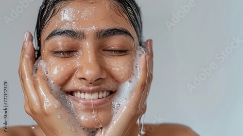 A smiling Indian woman with closed eyes and soap suds on her face on a grey background