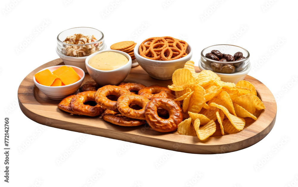 A wooden platter brimming with assorted snacks, offering a delectable spread to tantalize taste buds