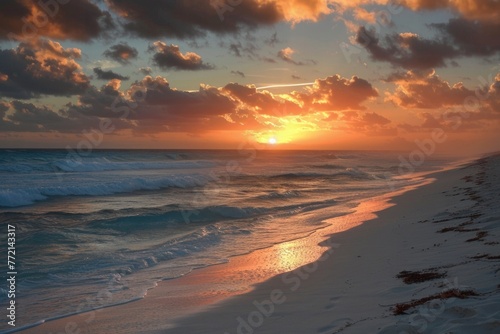 Beach Ocean. Sunrise Over Cancun Coastline: Tropical Beauty of Mexico © AIGen