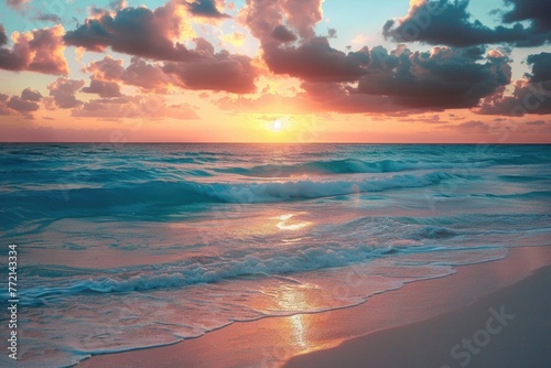 Beach And Ocean. Stunning Sunrise Over Cancun Beach, Tropical Beauty