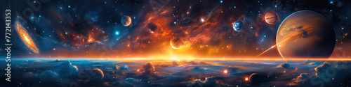 panorama of fantastic multicolored outer space with stars, constellations, galaxies, planets