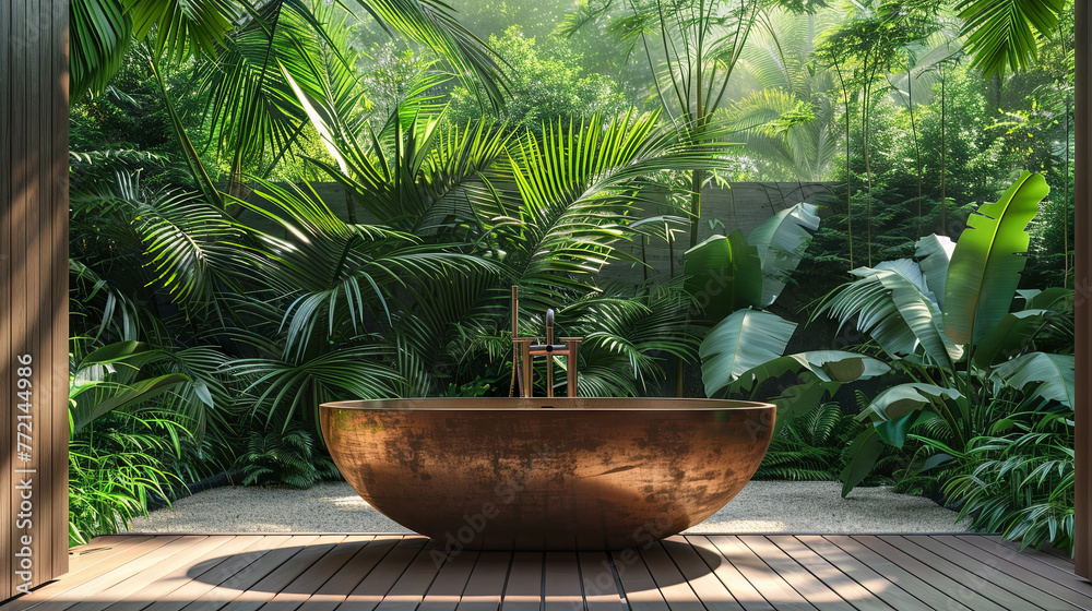 A luxurious brown jungle-themed bathtub is surrounded by the foliage of lush green plants, creating a luxurious and tranquil ambience reminiscent of an exotic jungle.