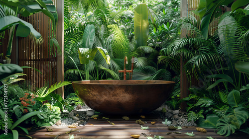 The opulent brown jungle bathtub is cocooned by dense foliage of lush green plants, cultivating a tranquil and exotic ambiance