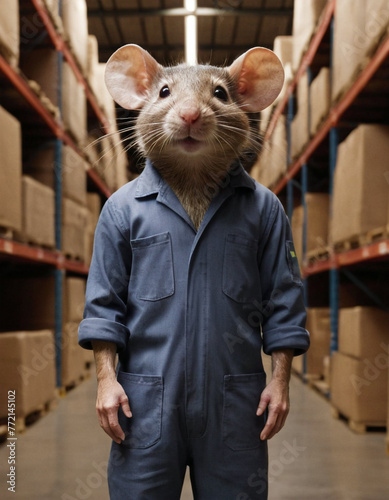 anthropomorphic warehouse worker mouse in work clothes in a warehouse