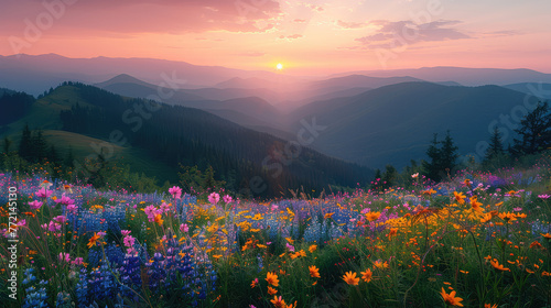 Sunset in the mountains with beautiful colorful flowers. Created with Ai