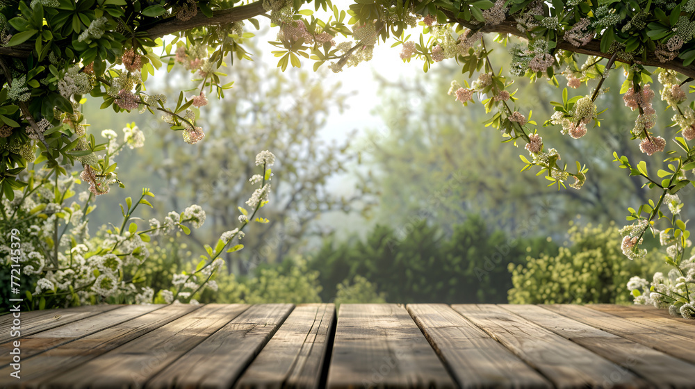 Spring garden scene with lush foliage, blooming branches, and inviting wooden table for outdoor gatherings. Spring garden scene with lush foliage, blooming branches, and inviting wooden table for outdoor gatherings.
