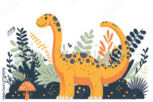 Bright and playful illustration of a smiling cartoon dinosaur surrounded by lush prehistoric plants