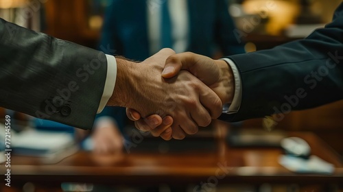 Two Businessmen Celebrate Successful Negotiation with Handshake, Symbolizing Partnership and Teamwork in Business Deal © Nazia
