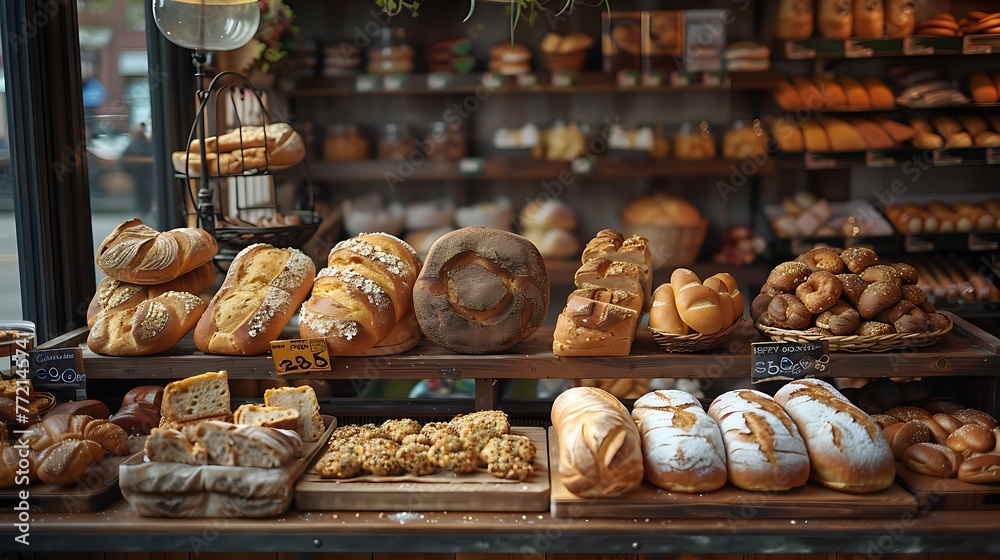 A variety of breads, such as baguettes and bagels, on a bakery shelf in a bakery