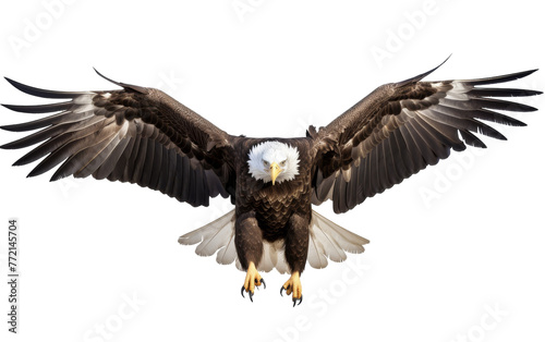 A bald eagle gracefully spreads its wings while soaring through the air