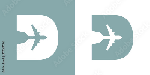 Logo travel. Letra inicial D con silueta de avión en espacio negativo para agencia de viajes