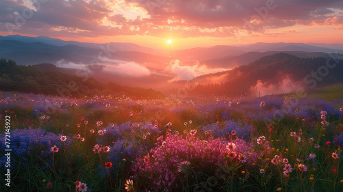 A breathtaking sunrise over the misty mountains, with vibrant wildflowers blooming abundantly and casting soft hues across the landscape. Created with Ai