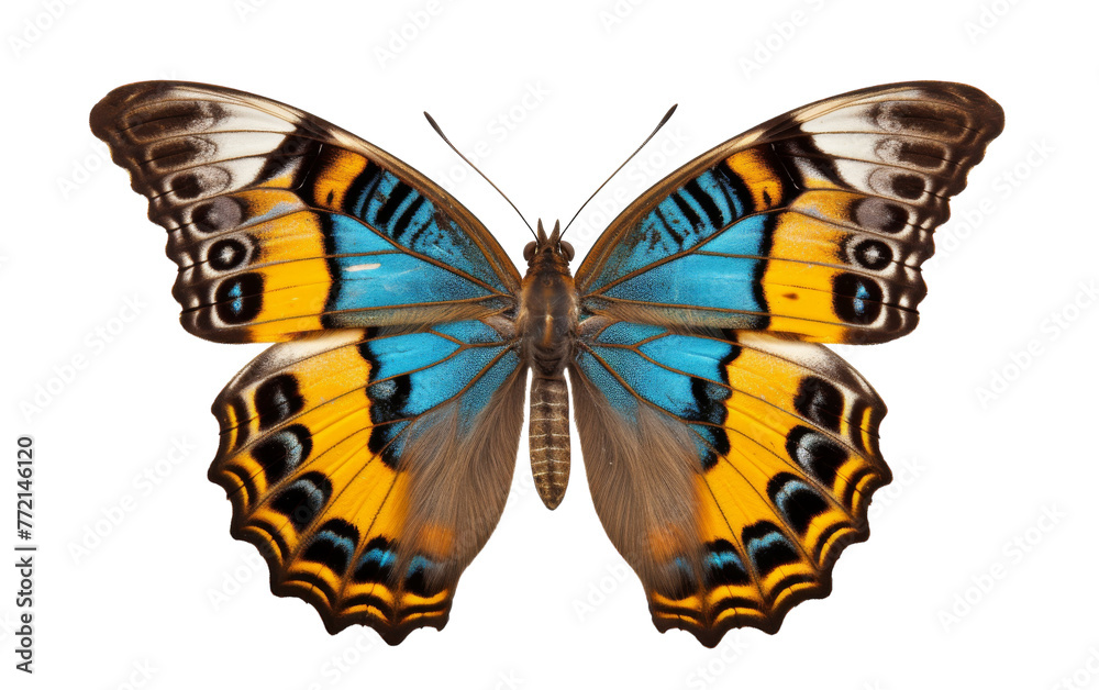 Fototapeta premium A vibrant blue and yellow butterfly gracefully flutters on a serene white background