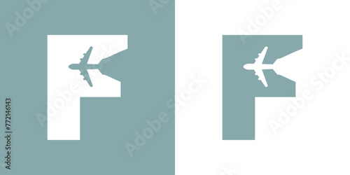 Logo travel. Letra inicial F con silueta de avión en espacio negativo para agencia de viajes