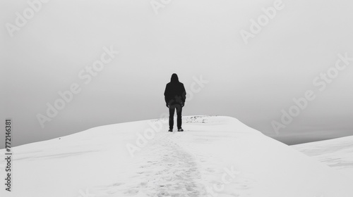 A person standing on a snowy hill with no one else around, AI