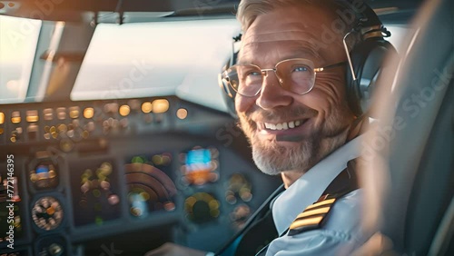 An airplane pilot is seated in the cockpit wearing a headset and headphone photo