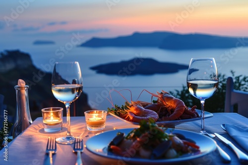 Dinner Food. Romantic Dinner for Two with Seafood on a Greek Island