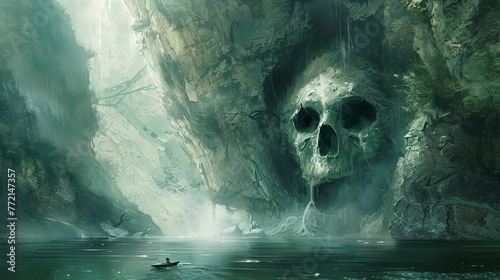Tea flows into the cave that resembles a skull, and the young boy swimming in a boat on the river gets frightened