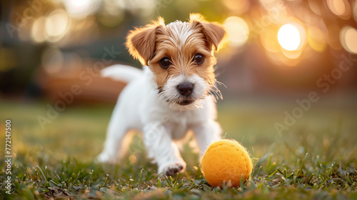 Small dog playing with ball, puppy, young animal, domestic animals, purebred dog