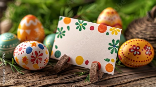 A card with easter eggs and a wooden table, AI photo