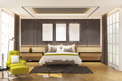 3d rendering interior of bedroom with frame mockup. White marble floor and dark gray panel background. Set 3