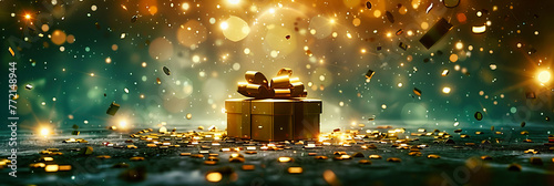 Festive Gift Presentation: A Gold Ribbon-Tied Box, Symbolizing Celebration and Elegance Against a Seasonal Backdrop © MdIqbal