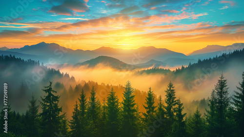 sunset over a misty forest with mountains in the background. The sky is painted with warm hues of orange, yellow, and blue during sunset