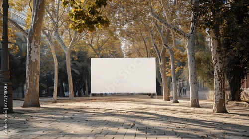 A large white screen has been erected in the middle of a busy street, obstructing the flow of traffic photo