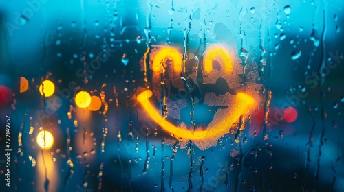 view from a Window to a slightly foggy and mildly rainy day, a smiley drawn at the Wet Window Glass