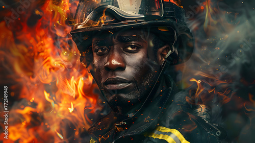 black firefighter While standing with a burning fire in the background © javu