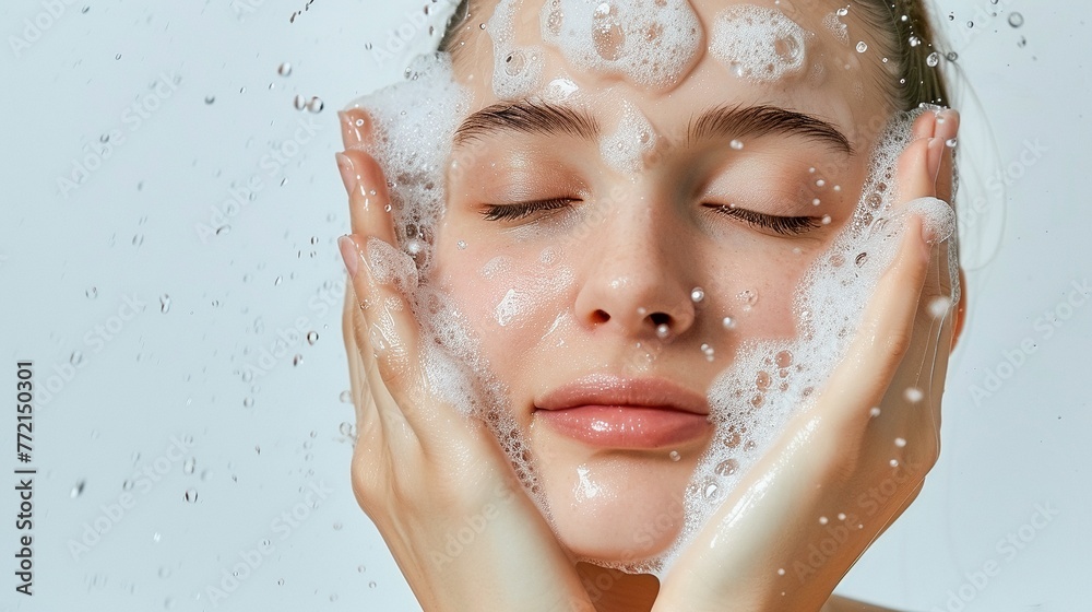 A white woman with clear skin washing her face with soap with eyes closed on a grey background A white woman with clear skin washing her face with soap with eyes closed on a grey background