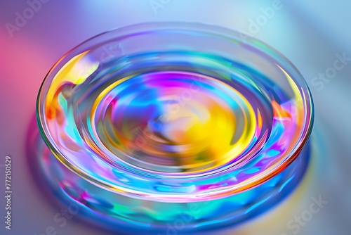 Vibrant And Dynamic Dish With Colored Reflective Light. a frisbee isolated in an ultra-realistic and insanely detailed photoshoot. shot on a 25mm lens with depth of field and tilt blur effect .