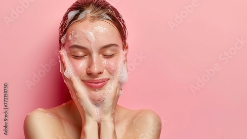 A white woman with clear skin washing her face with soap with eyes closed on a pink background