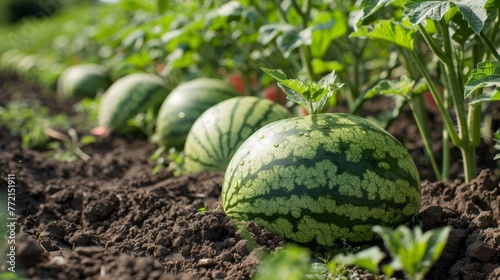 A group of watermelons growing in a field with green plants, AI