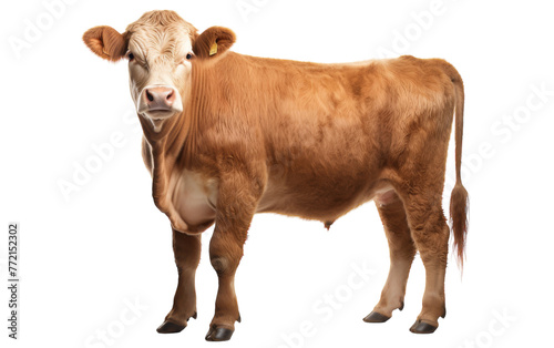 A brown cow standing proudly against a stark white background