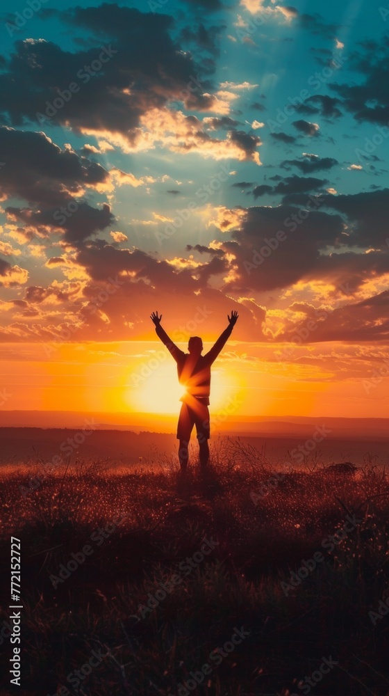 A person standing on a hill with their arms outstretched, AI