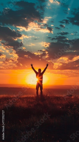 A person standing on a hill with their arms outstretched, AI