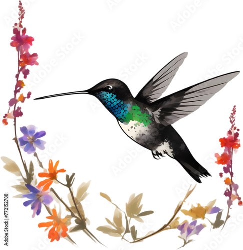 Painting of a Bee Hummingbird using the Japanese brushstroke technique.