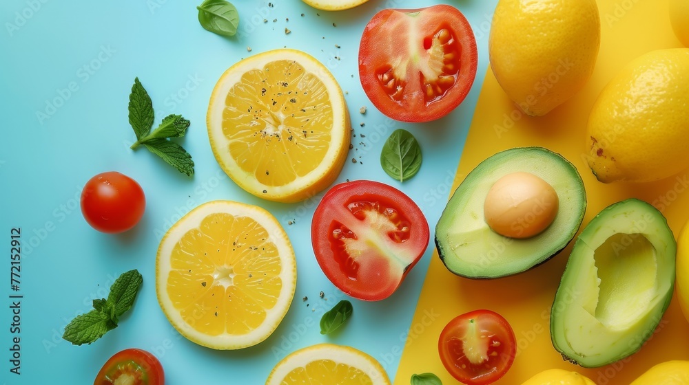 A colorful fruits and vegetables are arranged on a blue background, AI A colorful fruits and vegetables are arranged on a blue background, AI