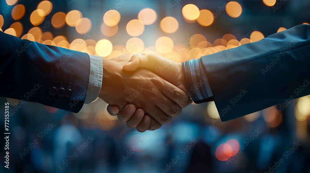 Two Businessmen Celebrate Successful Negotiation with Handshake, Symbolizing Partnership and Teamwork in Business Deal - obrazy, fototapety, plakaty 
