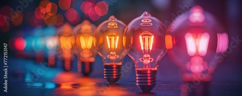 electric  light bulbs in row idea for creative concept background , colorful with defocus copy space, abstract background, Generative Ai