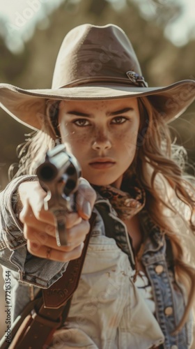 a cowgirl pointing a revolver straight at the camera © Salander Studio